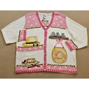 Vintage The Quacker Factory Button-up White & Pink Knit Cardigan Sweater 2XL